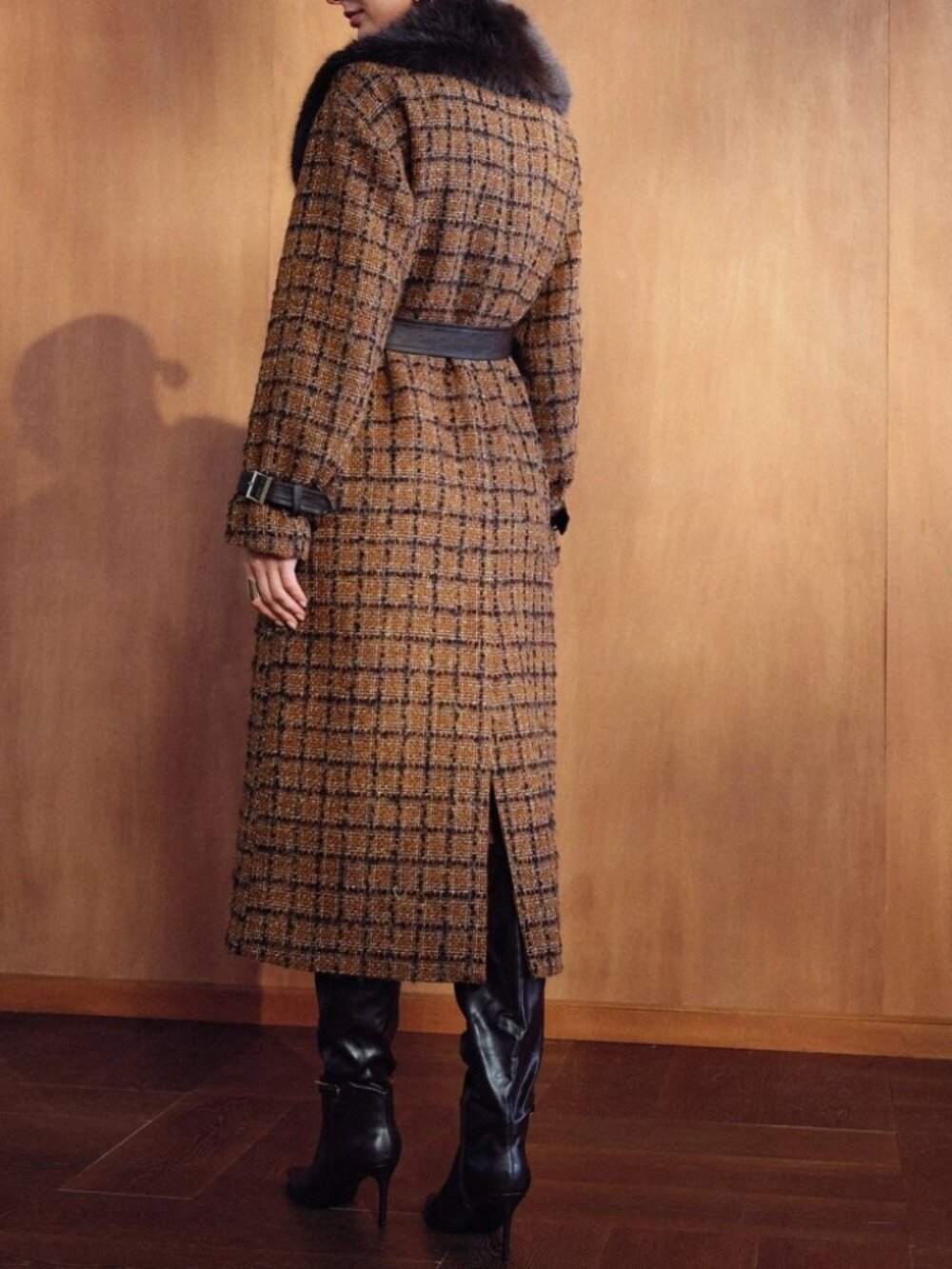 Brown Plaid Tweed Faux Fur Collar Vegan Leather Trim Belted Midi Coat - Picture 5 of 6